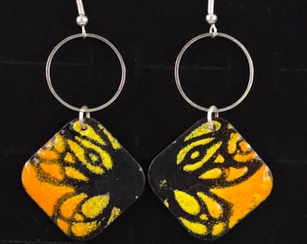 Earrings- Enameled Metal- Buttefly- Sterling Silver-Drop/Dangle- Hand made-Unique