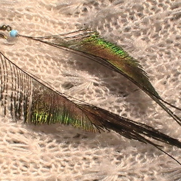 Long Peacock Feather Earrings, Cruelty Free Feather Earrings, Peacock Plume Feather Earrings, Found Reclaimed Feathers, Upcycled Jewelry