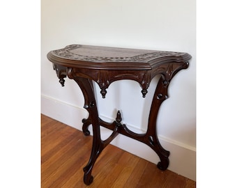 Petite Antique French Hand Carved Mahogany Demilune Console Table (SHIPPING NOT FREE)