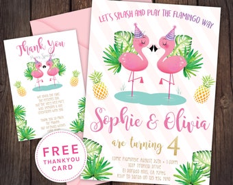 Twin Flamingo invitation, Flamingo party, pool party, pool party invitation, flamingo invitation, pineapple invitation, flamingo pool party