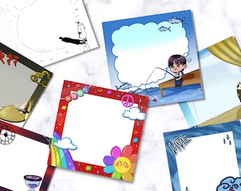 May include: A set of ten colourful digital printable frames with different designs. The frames feature a variety of themes, including clouds, rainbows, fish, and a cartoon character. The frames are perfect for adding a personal touch to photos, artwork, or other digital creations.