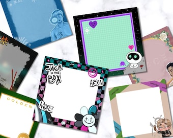 May include: A set of 10 digital printable photo frames with various designs and colours. The frames feature different patterns, including chequered, floral, and pixelated designs. Some frames include text such as "Jack in the Box", "Arson", and "Golden".