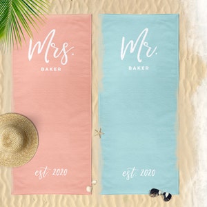 Mr and Mrs Beach Towels | Personalized Beach Towel | His and Hers Newlywed Gift | Personalized Wedding Gift | Coral and Blue Wedding