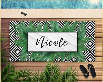 Tropical Banana Leaf Pattern Personalized Beach Towel | Bridesmaid Gift | Custom Beach Towel | Personalized Gift For Her