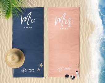 Mr and Mrs Beach Personalized Beach Towels | Honeymoon Gift | His and Hers Newlywed Gift | Personalized Wedding Gift