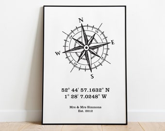 Special Place Map Coordinates Wall Art Print, Housewarming Gift, Personalised Wedding Gift Idea, Latitude Longitude, GPS Coordinates