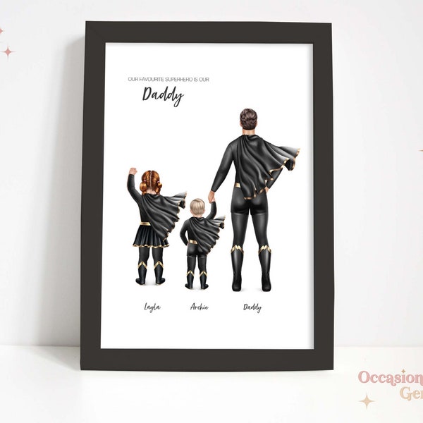 Personalised Fathers Day Portrait, Superhero Dad, Custom Fathers Day Print, Gift for Him, Father and children personalised art