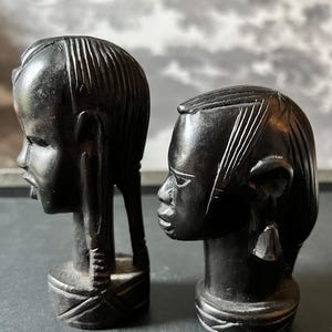 Vintage Carved Wooden Ebony African Busts Kenya Maasai Man and Woman