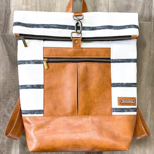 Range Backpack shops / Black White Stripe Backpack / Canvas Faux Leather Backpack / Carry on Bag