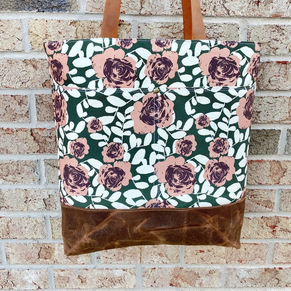 Desert Rose Waxed Canvas Tote Bag with Leather Straps | Feminine Laptop Bag for Work | Modern Floral Shoulder Bag for Women |