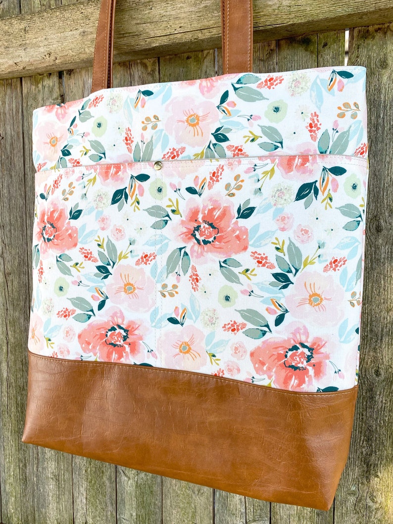 Watercolor Floral Tote / Work Laptop Bag / Faux Leather - Etsy