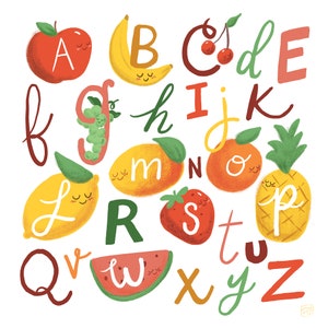 Fruit Alphabet Poster Playroom Digital Download, Fruit ABCs Colorful Nursery Neutral