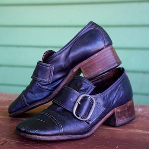 50s 60s Mid-Century Genuine Leather Brogues Square Toe Buckle Oxfords Loafers Victorian Wood Low Heel Black Adjustable Handmade Chunky 5.5