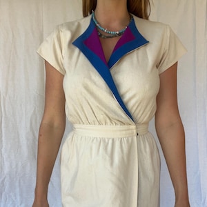 80s Silk Wrap Dress: Maggy London Petites, Color Block Collar
