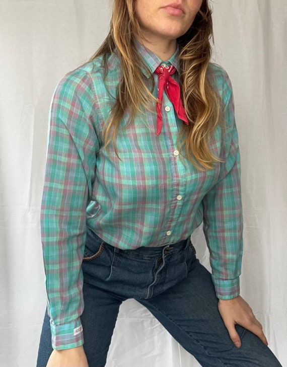 80s 90s Adolfo Blouse Checkered Plaid Gingham Pas… - image 5