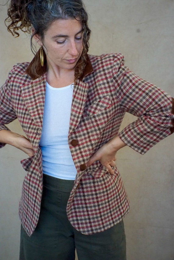 70s Lambswool Houndstooth Blazer Jacket Velvet Elbow Patches Brown Plaid Notch Lapel Pockets Academia Oxford Chic Classy Business Earth S/M