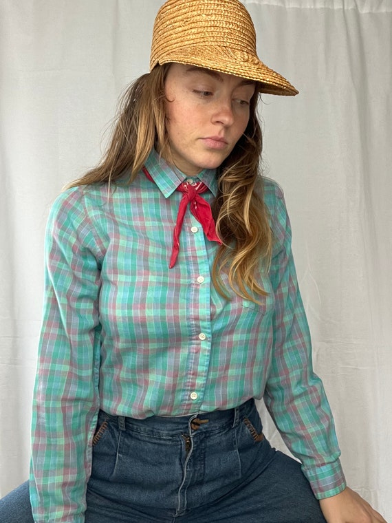 80s 90s Adolfo Blouse Checkered Plaid Gingham Pas… - image 7