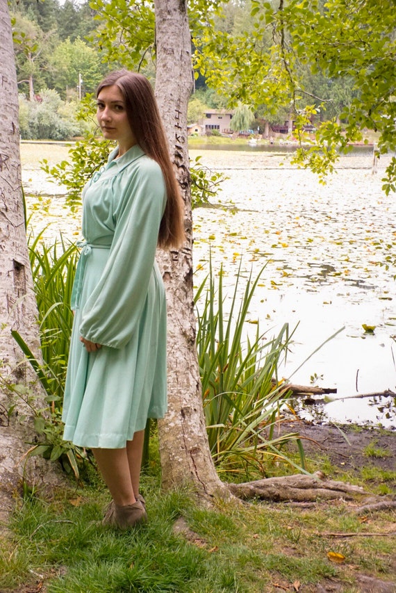 60s 70s Yves Mint Green Babydoll Peasant Dress… Gem
