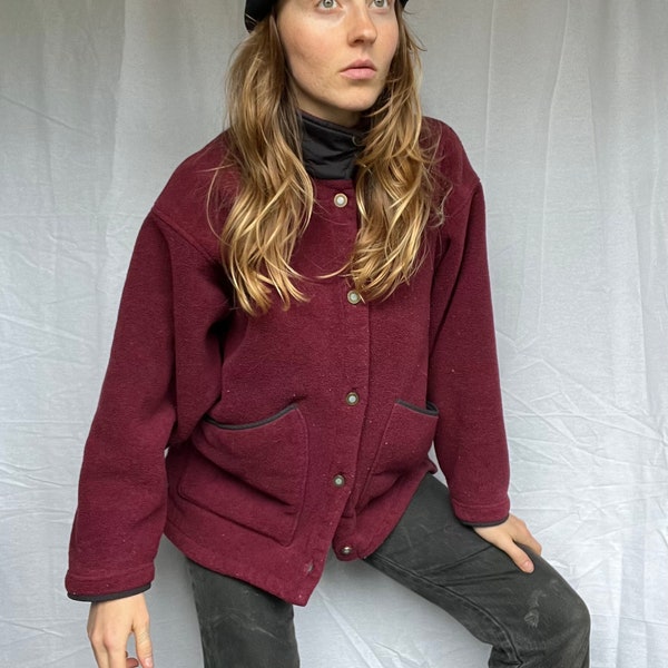 90s Patagonia Fleece Jacket Burgundy Maroon Plush Button-up OG Authentic Outdoors Crunchy Granola Nature Camping Warm Cozy Summer Winter S