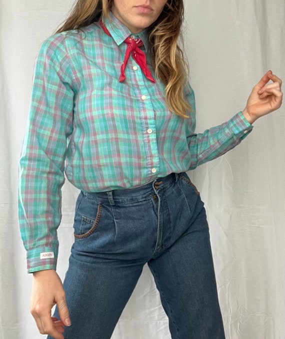 80s 90s Adolfo Blouse Checkered Plaid Gingham Pas… - image 8