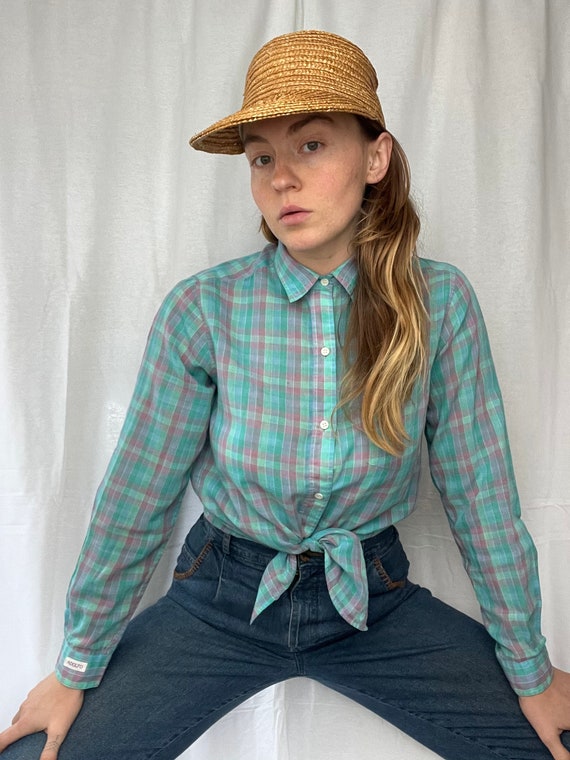 80s 90s Adolfo Blouse Checkered Plaid Gingham Pas… - image 1