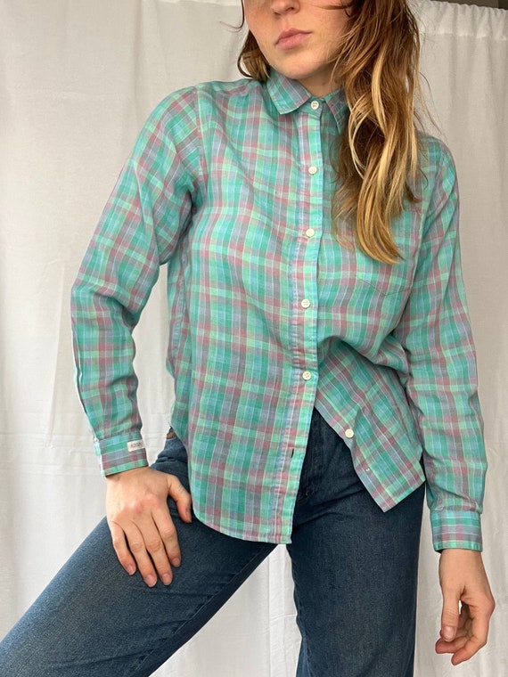 80s 90s Adolfo Blouse Checkered Plaid Gingham Pas… - image 3