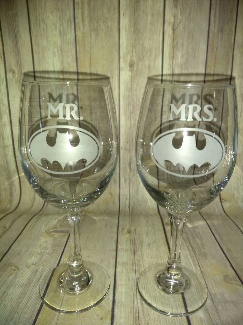 Batman Mr & Mrs Wine Glasses Hand Etched Wine Glasses Etsy