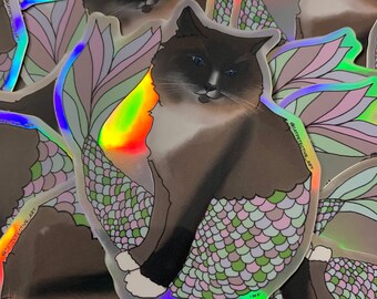 Maine Coone Purrmaid - Sky - Holographic Sticker