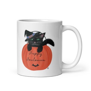 Happy Howl-o-ween Black Cat in a Pumpkin - White glossy mug
