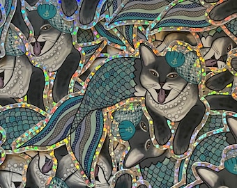 Gray Tabby Purrmaid - Lucy - Glitter Sticker