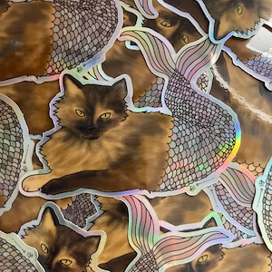 Purrmaid noir et feu - Luca - Sticker holographique