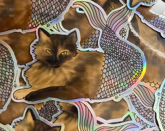 Black and Tan Purrmaid - Luca - Holographic Sticker