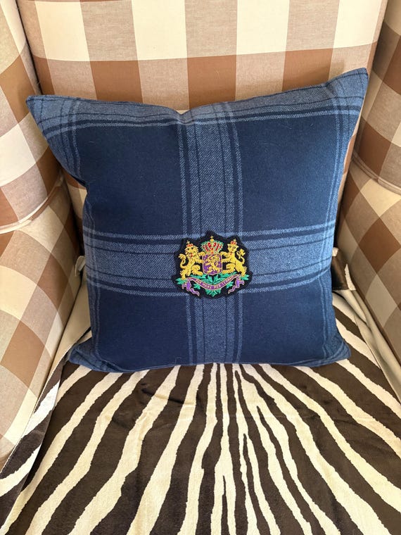Designer Throw pillow made from Ralph Lauren Blanket Tartan With Gold bullion crest