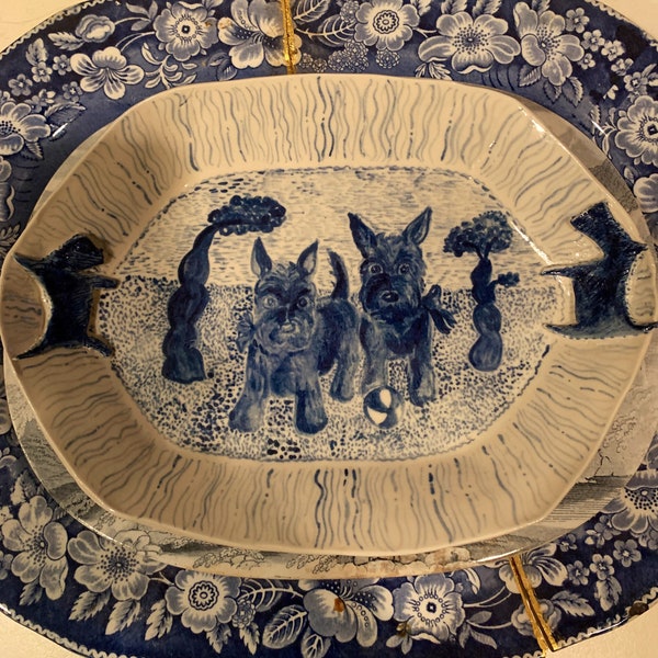 Pretty Hand Made Porcelain Platter Featuring Two Scottish Terrier Pups