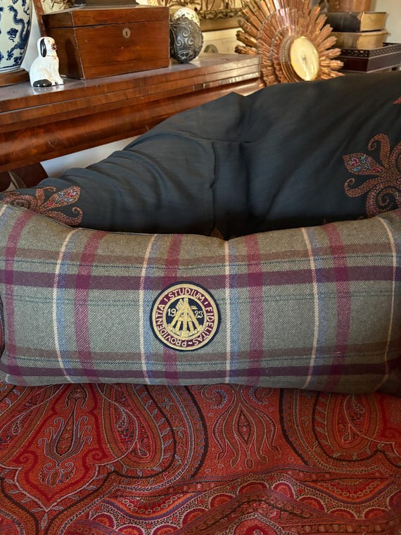 Classic large lumbar pillow made with Ralph Lauren Tartan and University Crest
