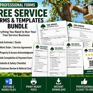 May include: A bundle of 6 professional tree service forms and templates including a job estimate, work order, property acknowledgment, job completion form, safety checklist, and customer review card, all featuring a green tree icon and text.
