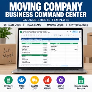 Op de afbeelding: Een laptop met een Google Sheets-sjabloon genaamd Moving Company Business Command Center. Het scherm toont een dashboard met financiële en verkoop-KPI's, waaronder omzet, voltooide verhuizingen en winstcijfers voor een verhuisbedrijf.