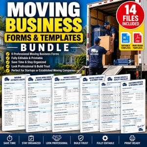 May include: A digital bundle of 14 moving business forms and templates, including estimate, work order, property access, completion, and review forms. The graphic features a person loading a moving truck and text stating 14 files included.