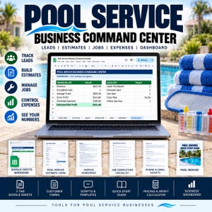 Könnte beinhalten: Ein Laptop zeigt ein Pool Service Business Command Center Dashboard mit Finanz- und Vertriebskennzahlen. Darunter befinden sich Symbole für die Lead-Verfolgung, Kostenvoranschläge, Auftragsverwaltung und Ausgabenkontrolle sowie Dokumentvorlagen.