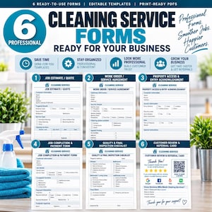 May include: A set of six professional cleaning service forms including a job estimate, work order, property access acknowledgment, job completion form, inspection checklist, and a customer review card with a QR code, all in blue and white.