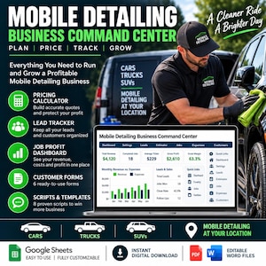 May include: A digital business management tool for mobile detailing featuring a laptop displaying a dashboard with revenue, expenses, and customer data. The interface includes sections for pricing, lead tracking, job profits, customer forms, and scripts.