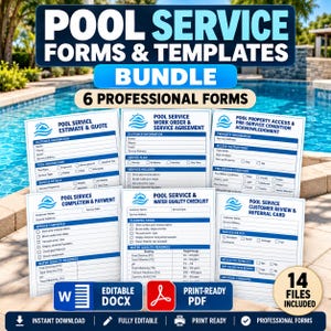 May include: A digital bundle of 6 professional pool service forms and templates, including estimate, work order, access, completion, water quality, and review forms. The documents feature blue text and headers, with 14 files in DOCX and PDF formats.