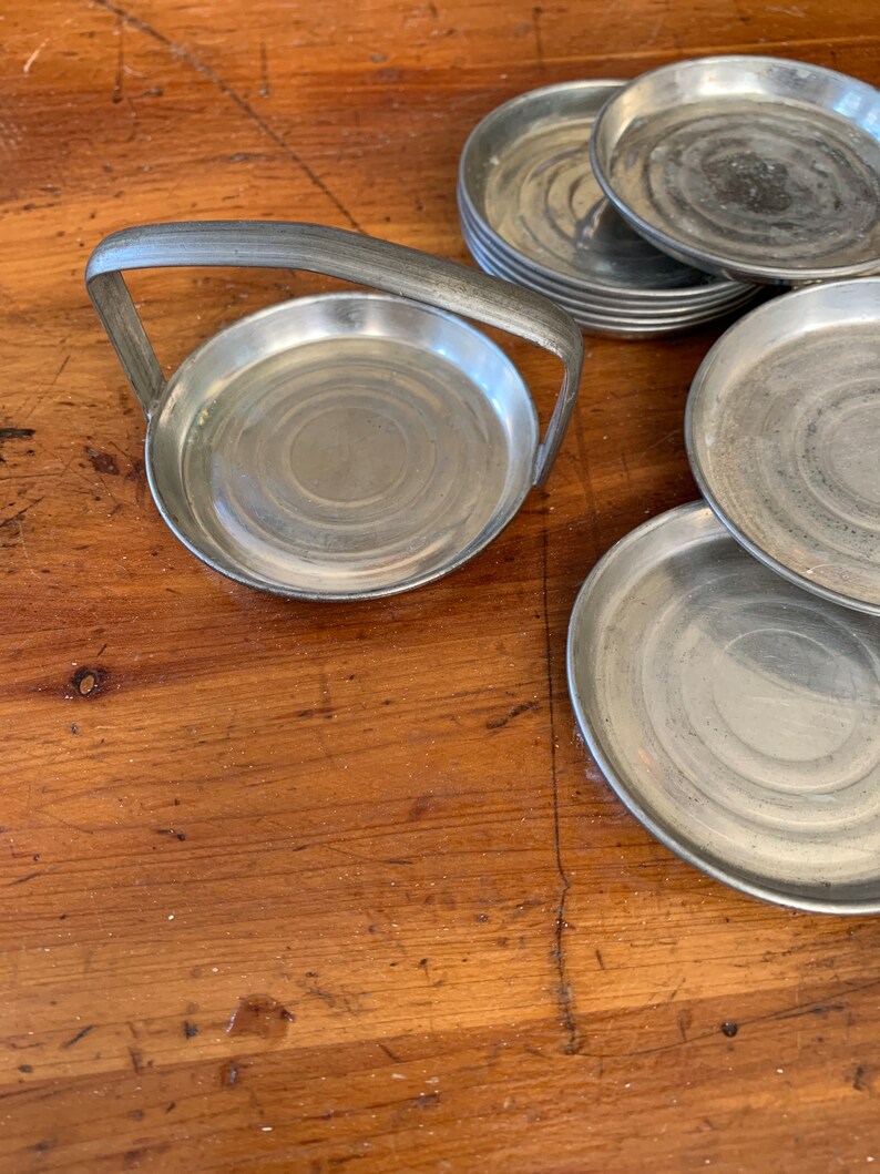 Genuine Pewter Set of 11 Coasters & Holder Vintage Etsy