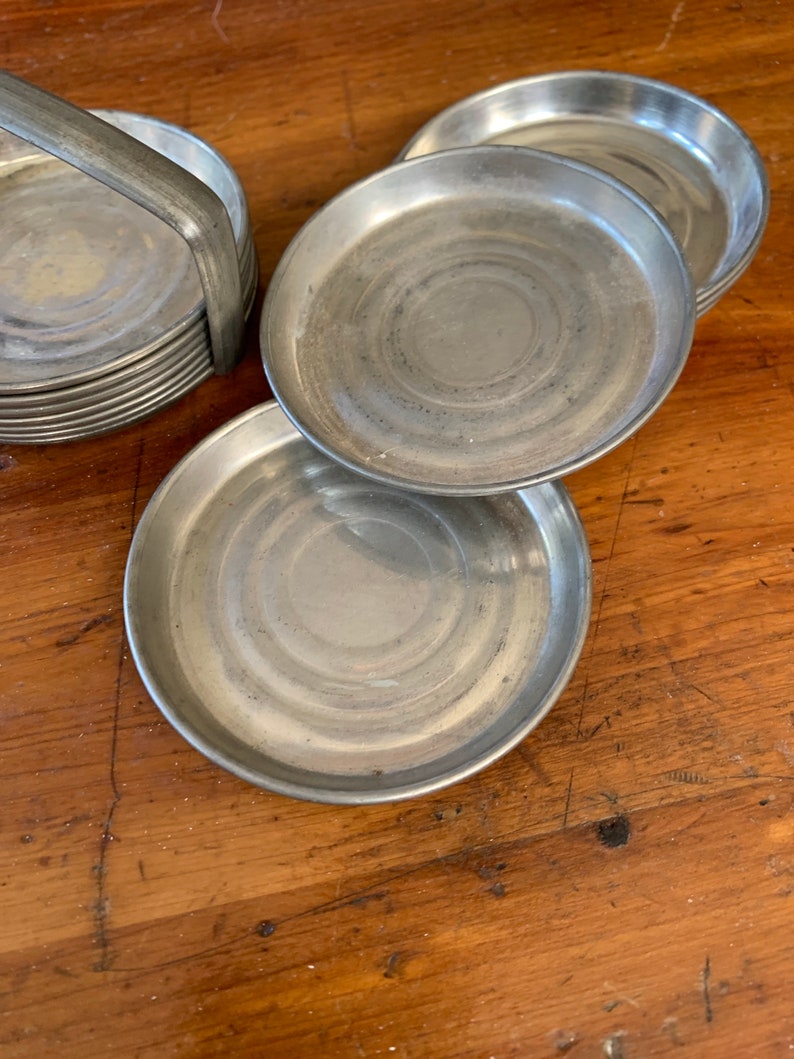 Genuine Pewter Set of 11 Coasters & Holder Vintage Etsy