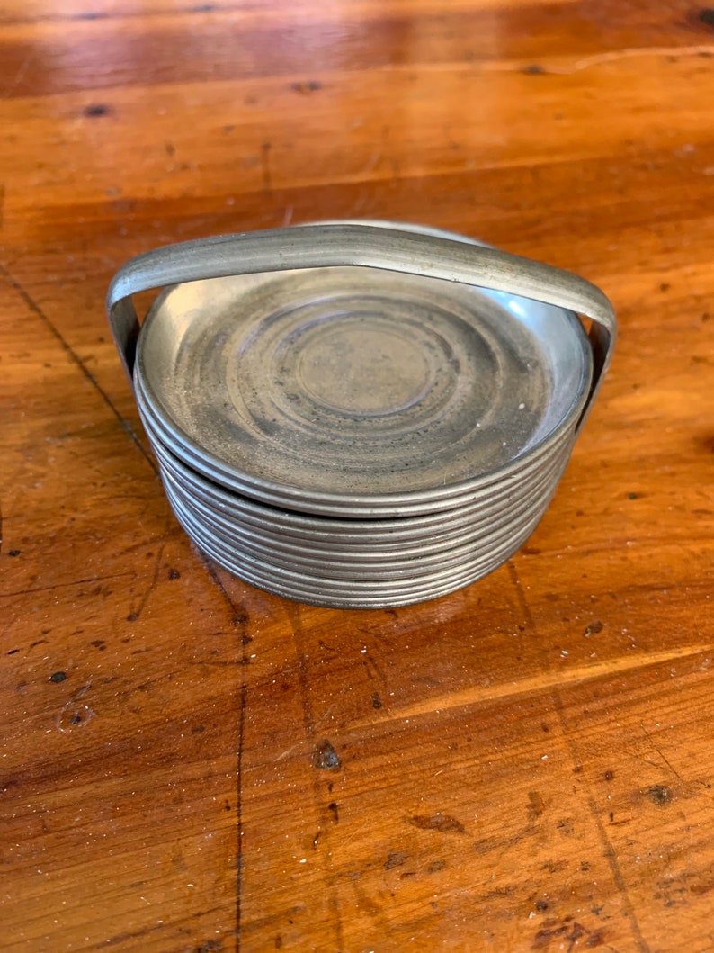 Genuine Pewter Set of 11 Coasters & Holder Vintage Etsy