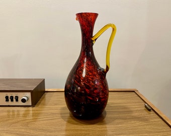 Murano Glass Retro Red + Black Swirl Pitcher with Amber Handle - Free Shipping