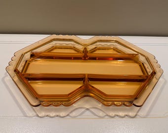 Vintage Fostoria Mayfair Amber Glass Serving Relish Dish 13.25”