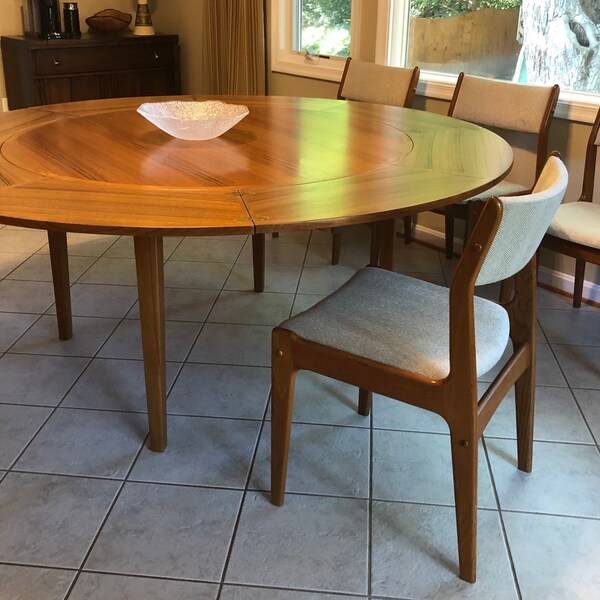 Pending: Teak Expanding "Flip - Flop" Lotus Dining Table Set by Dyrlund Danish Modern