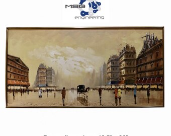 Gran cuadro al óleo de una escena callejera asiática de mediados de siglo - Firmado por Pollard, marco de nogal (48,5” x 26”)