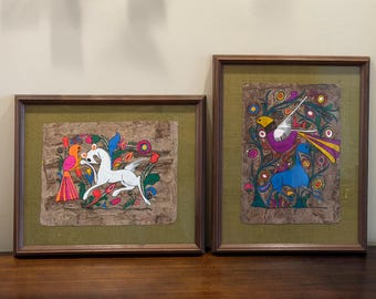 Vintage Mexican Amate Bark Paintings - Framed Set of 2